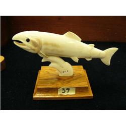 Fossilized ivory king salmon 6" long Steve Byazroy, inset eyes mounted on wood base # BT9 (25)