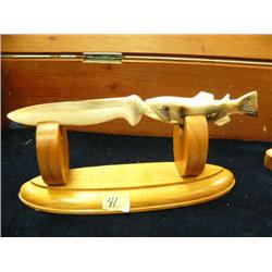 Carving by Steve Byazroy 4" fossilized ivory salmon handled letter opener 9.5" long on wood base (25