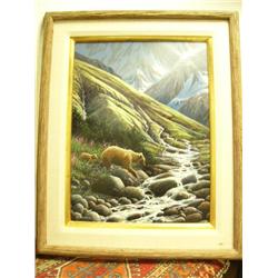 Original oil on Artist board by Gary Peterson 1990  - two bears by a stream beautifully framed 24"x1