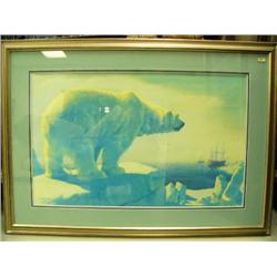 Triple matted and framed Fred Machetanz polar bear looking at ships 19" x 31"  (134)
