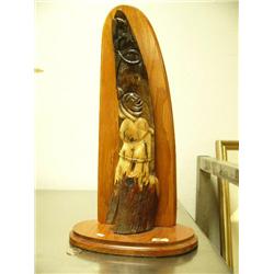 15" mammoth, ivory, bark carving of Eskimo fisherman with fish mounted on wood base # BT11 (25)