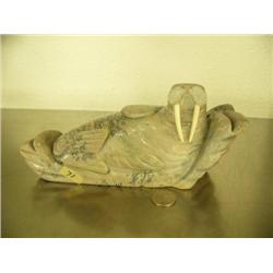 9" soapstone walrus - beautiful fossil imprint of flowers on bottom, by Iglaak #565F (2)