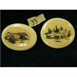 Pair of ivory pins 2" long sections of killer whale teeth scrimshawed by Wilbur Walluk