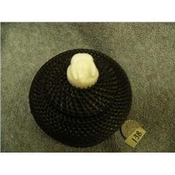 Carl Hank baleen basket with ivory walrus head finial- 4" tall