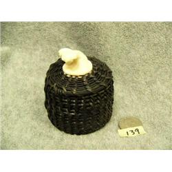 Baleen basket with ivory whale tale finial, 582f- approx. 3" tall