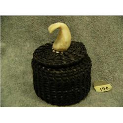 Baleen basket with ivory whale tale finial, 581f- approx. 3-7/8" tall, 3" diameter at base