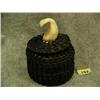 Image 1 : Baleen basket with ivory whale tale finial, 581f- approx. 3-7/8" tall, 3" diameter at base
