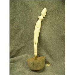 Susie Silook carved ivory female figure mounted on bone- approx. 13-1/2" tall