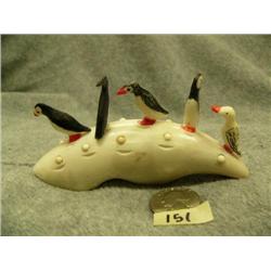 Ivory rookery with 3 puffins, 1 cormorant, 1 sea gull- 4-3/4" long, 2-1/2" tall