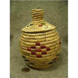Yup'ik grass basket with dyed grass designs and lid- 6-1/4" tall