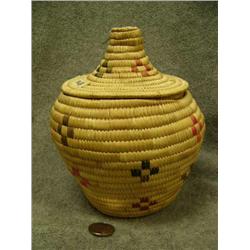Yup'ik grass basket with dyed grass designs and lid- 7" tall