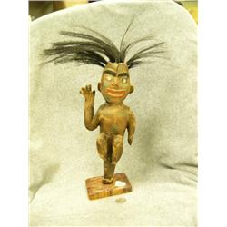 Michael Scott wooden figure with abalone eyes, baleen hair, and copper at back of head- 12-3/4" tall