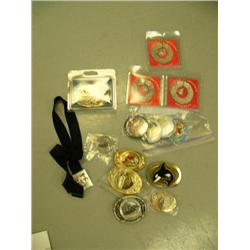 Lot of: 25 total Fur Rendezvous booster buttons, belt buckles, Christmas ornaments, and a pin- 1980,