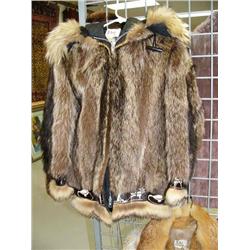 Child's wolf parka with fancy calf skin trim depicting animals and reindeer herder/sled (28)