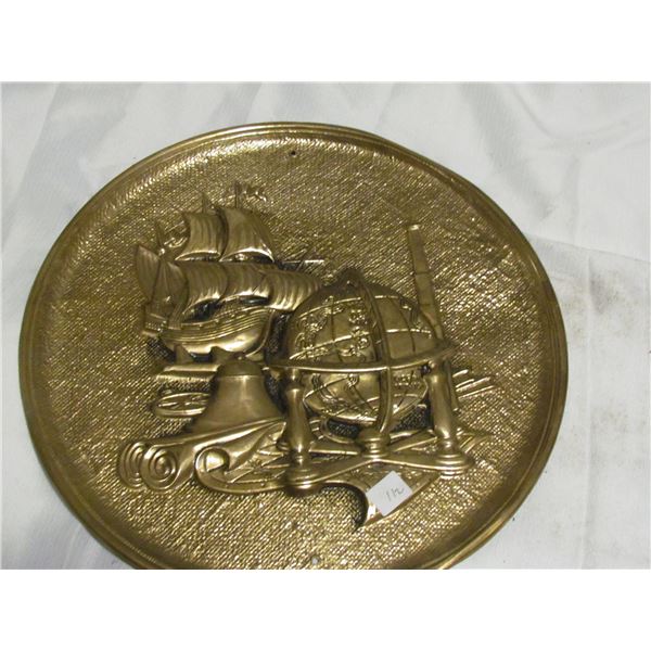 Round Brass Plate - Ship and Globe