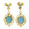 Image 1 : Vintage 14k Gold Oval Cabochon Blue Turquoise Open Textured Drop Dangle Earrings