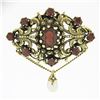 Image 1 : Vintage 14k Gold 4 ctw Round Oval Garnet Open Work Pearl Dangle Pin Brooch Penda