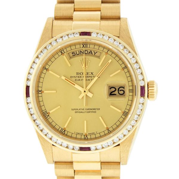 Rolex Mens Quickset 18K Yellow Gold Champagne Index Diamond And Ruby Bezel Presi