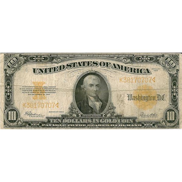 1922 $10 Gold Certificate Bank Note