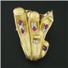 Image 2 : Large Vintage 18K Gold Ruby & Diamond Textured Overlap Multi Leaf Cocktail Ring