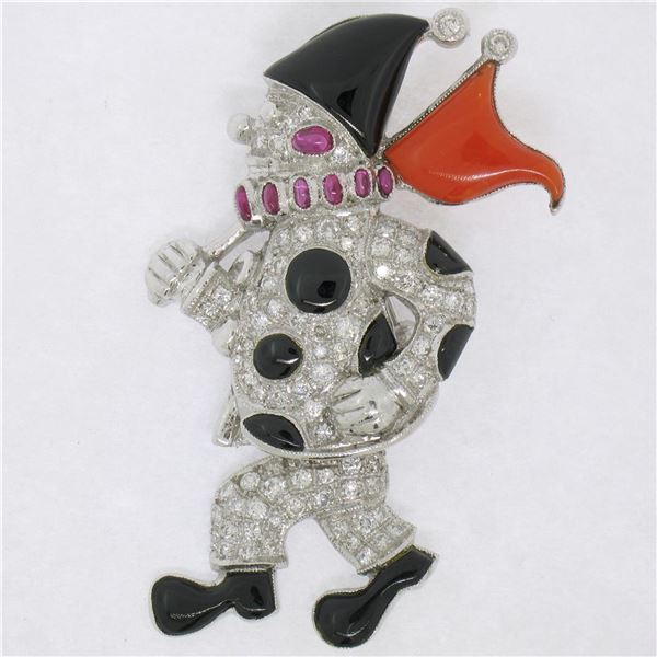 Vintage 18k White Gold Diamond Black Onyx and Coral Clown Brooch Pin