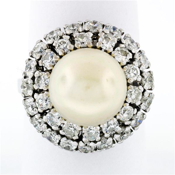 Vintage 18K White Gold Large Golden Pearl 2.10 ctw Tiered Double Diamond Halo Ri