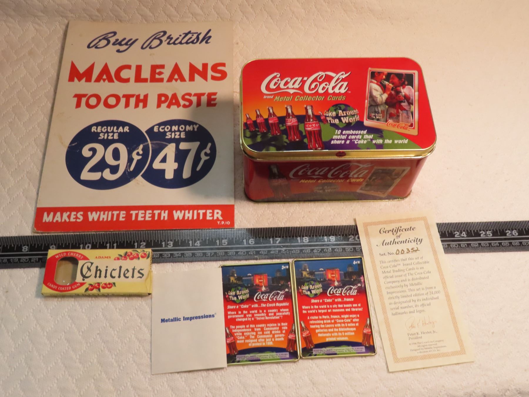 coca cola metal collector cards, Macleans tooth paste sign, chicklets ...