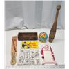 Image 1 : Vintage items - Magic tricks metal puzzles, chef notepad, tin globe bank, etc.