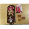 Image 1 : Coca-Cola wooden wall mount, Coca-Cola vending machine magnet and lot of small coca- cola bottles