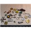 antique pins, coins, ring, bottle caps, jewelry