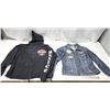 Image 1 : Harley Davidson ladies jean style jacket & Off brand sweater w/ Harley Davidson logos