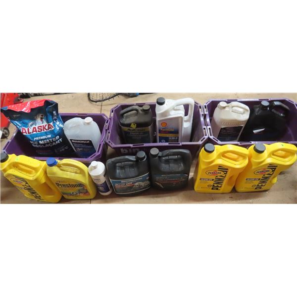 3 totes of assorted auto fluids, ice melt, etc.