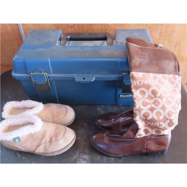 coach womens cowboy style boots , kamik casual shoes , tackle box / tool box
