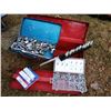 Image 1 : toolbox with new & used spark plugs & holder/new case of grease fittings/tin case of sockets & wrenc