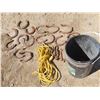 Image 1 : pail of horse shoes , vintage wrenches , extension cord