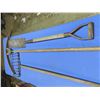 Image 1 : antique rake , post hole shovel