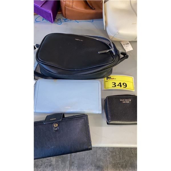 ASSORTED WALLETS AND PURSES INCLUDING KATE SPADE BLACK, FOSSIL BLACK, FOSSIL SMOKEY BLUE