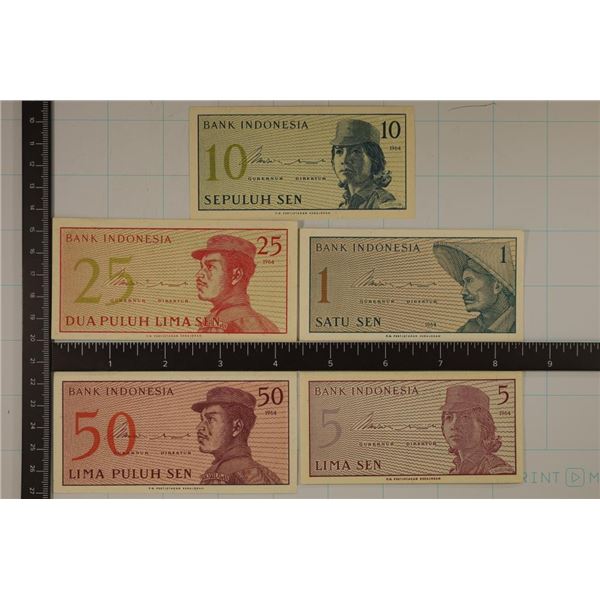 5-1964 INDONESIA SEN CRISP UNC BILLS: 1, 5,10,