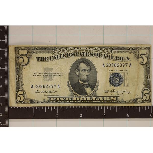 1953 US $5 SILVER CERTIFICATE BLUE SEAL