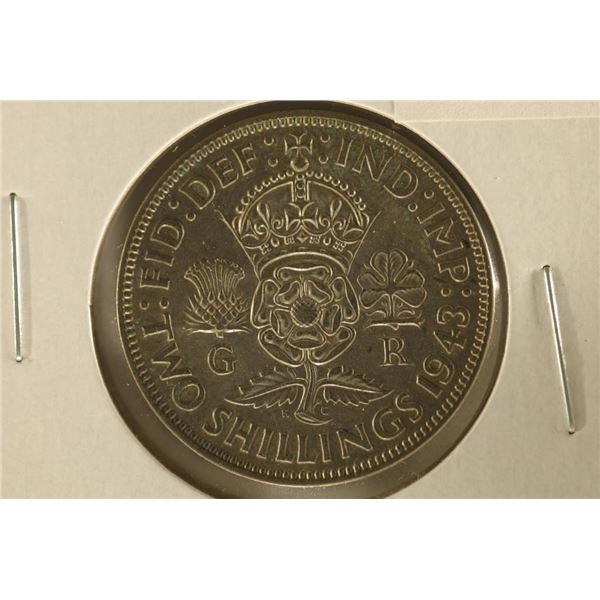 1943 GREAT BRITAIN SILVER 2 SHILLING .1818 OZ. ASW