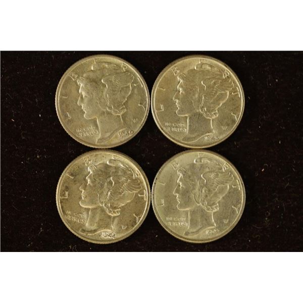 1940, 43, 44 & 1945 SILVER MERCURY DIMES UNC'S