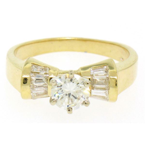 14k Yellow Gold 0.91 ctw Round Diamond Solitaire Channel Baguette Engagement Rin