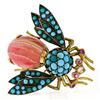 Image 3 : Vintage 14k Gold Silver Ruby Diamond Turquoise Rhodochrosite Bee Fly Brooch Pin