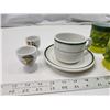 Image 2 : 4 Green Fire King coffee cups, porcelain coffee cup and saucer & 2 egg cups