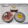 Image 1 : 3 Vintage tins - 1 movie reel tin & 1 tin filled with vintage coupons - Blue Ribbon, etc.