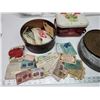 Image 2 : 3 Vintage tins - 1 movie reel tin & 1 tin filled with vintage coupons - Blue Ribbon, etc.