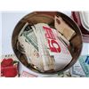 Image 5 : 3 Vintage tins - 1 movie reel tin & 1 tin filled with vintage coupons - Blue Ribbon, etc.