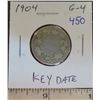 Image 1 : 1904 Canadian Silver 25 Cents. Key Date. Mintage of 400,000. G-4.