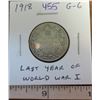 Image 1 : 1918 Canadian Silver 25 Cents. Issued during the last year of World War I. G-6.