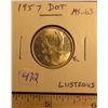 Image 1 : 1957 Dot Canadian Silver 25 Cents. MS-63. Lustrous. Scarce.